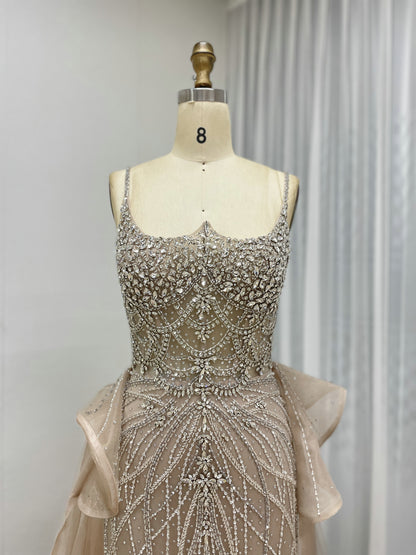 Luxury Strapless Handmade Beading Birthday Party Nude Evening Dress With Removable Overskirt MB40344