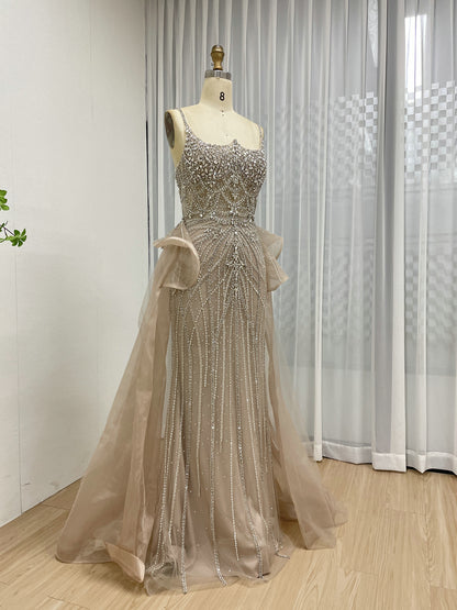 Luxury Strapless Handmade Beading Birthday Party Nude Evening Dress With Removable Overskirt MB40344