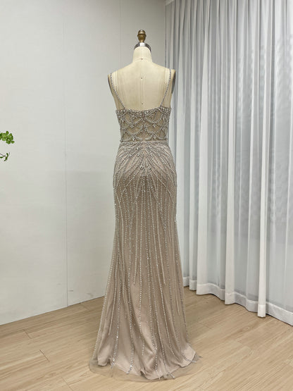 Luxury Strapless Handmade Beading Birthday Party Nude Evening Dress With Removable Overskirt MB40344