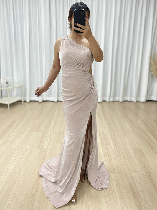 Pink Glamorous  High Slit One Shoulder Pleated Mermaid Gown Suitable for Prom MB40349