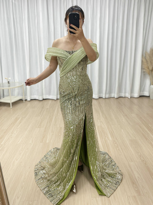 Luxury Olive Crystal Beading Sexy High Slit Off the Shoulder Wedding Dresses for Women MB40354