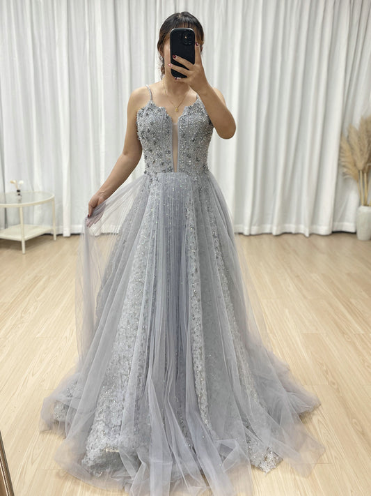 Gracefu Blue A Line Spaghetti Strap Evening Gown With Beautiful Exquisite Beaded Floral MB40355
