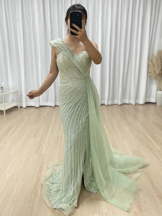 Light Green High Slit Sexy Sleeveless Mermaid Evening Gown With Side Train MB40357