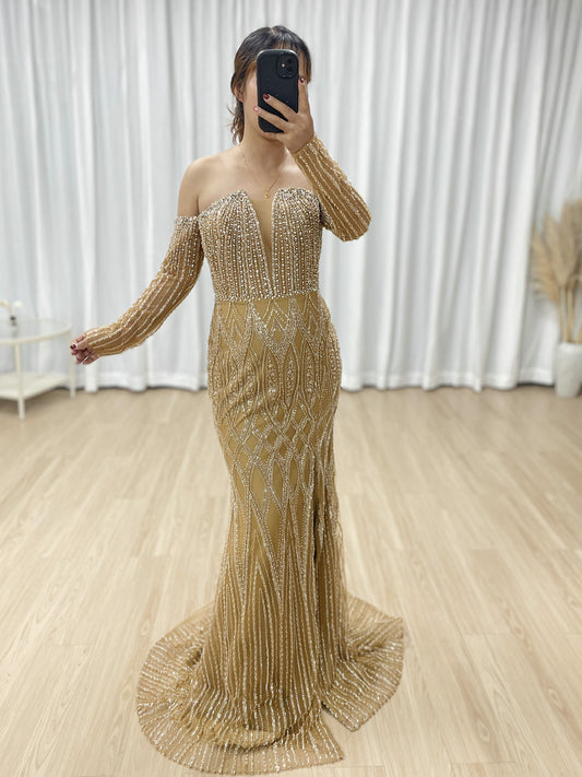 Elegant Off the Shoulder Brown Mermaid Banquet Evening Gown With Exquisite Embroidered Beaded MB40360