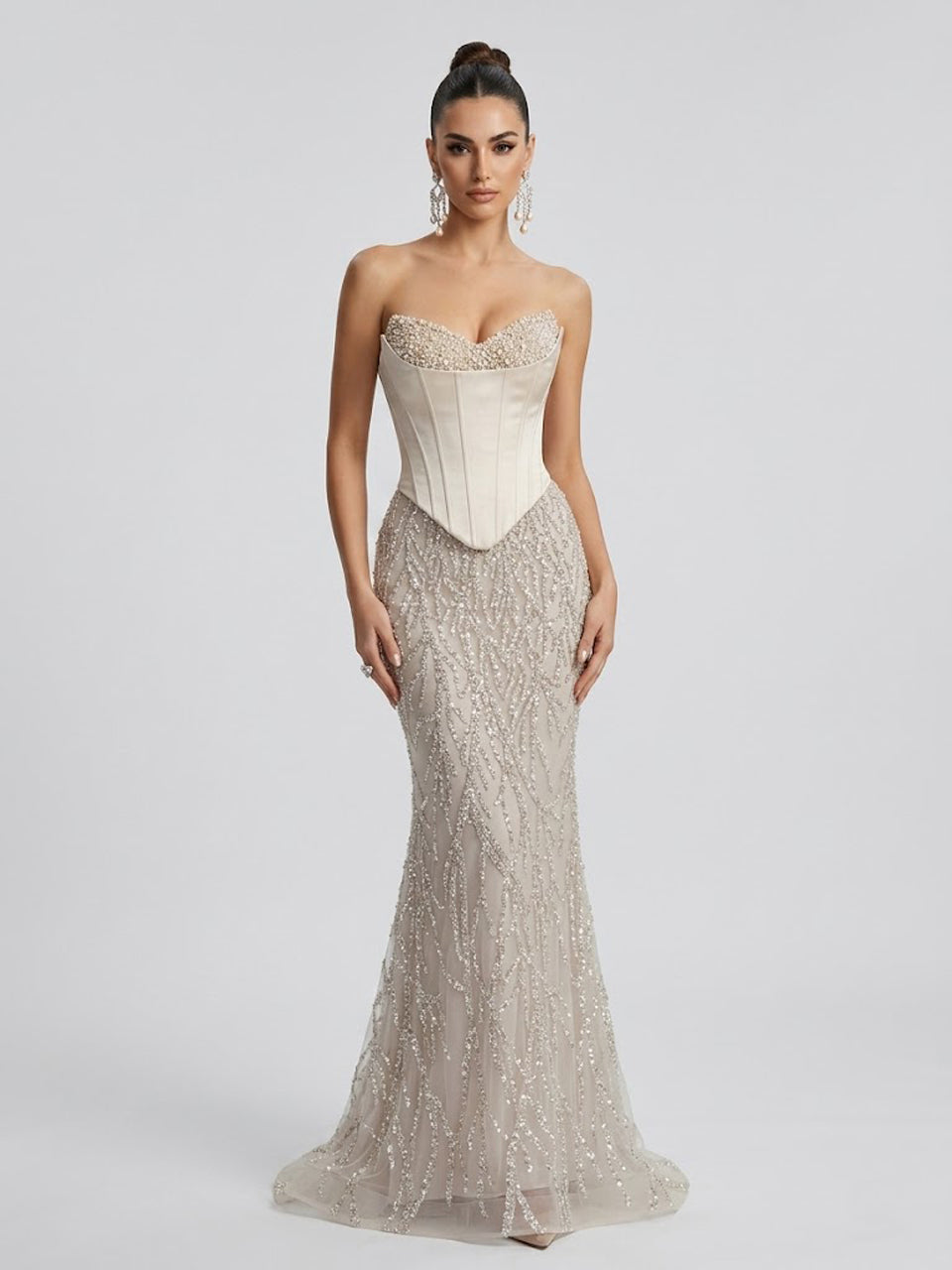 Champagne Beaded Corset Evening Gown with Sequined Vine Skirt MB40362-2