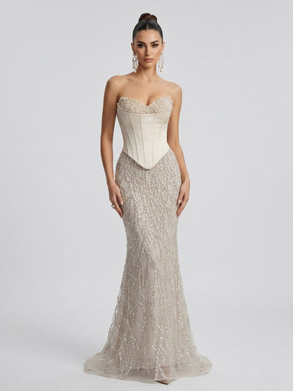 Champagne Beaded Corset Evening Gown with Sequined Vine Skirt MB40362-2