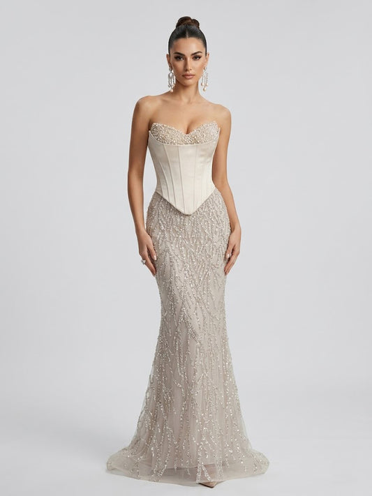 Champagne Beaded Corset Evening Gown with Sequined Vine Skirt MB40362-2