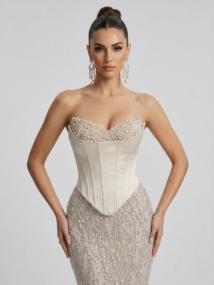 Champagne Beaded Corset Evening Gown with Sequined Vine Skirt MB40362-2
