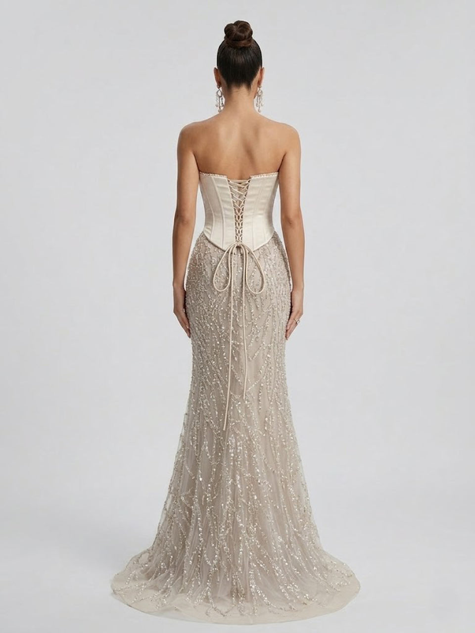 Champagne Beaded Corset Evening Gown with Sequined Vine Skirt MB40362-2