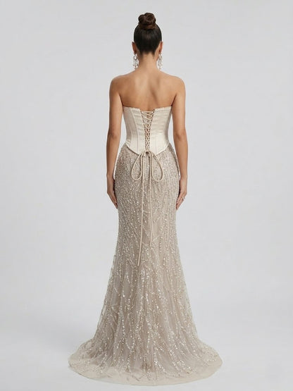 Champagne Beaded Corset Evening Gown with Sequined Vine Skirt MB40362-2