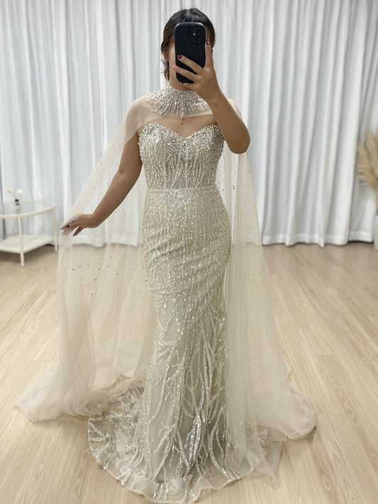 Elegant Beading Evening Gown With Detachable Cap Sleeve Suitable for Wedding Party MB40362