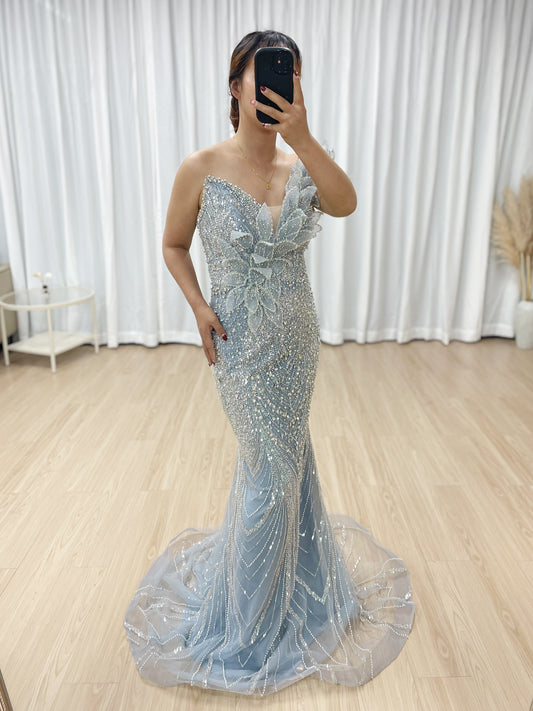 Exclusive Off Shoulder 3D Leaf Handmade Beading Designer Wedding Party Evening Dress MB40363