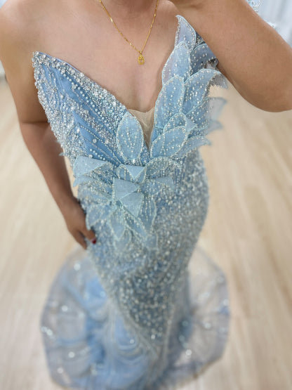 Exclusive Off Shoulder 3D Leaf Handmade Beading Designer Wedding Party Evening Dress MB40363