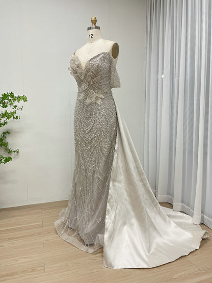 Champagne Mermaid Gown with Beaded Floral Detail and Tulle MB40363B