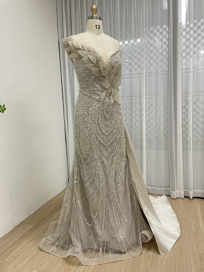Champagne Mermaid Gown with Beaded Floral Detail and Tulle MB40363B