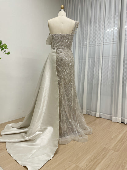 Champagne Mermaid Gown with Beaded Floral Detail and Tulle MB40363B