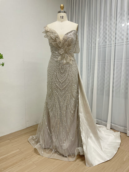 Champagne Mermaid Gown with Beaded Floral Detail and Tulle MB40363B
