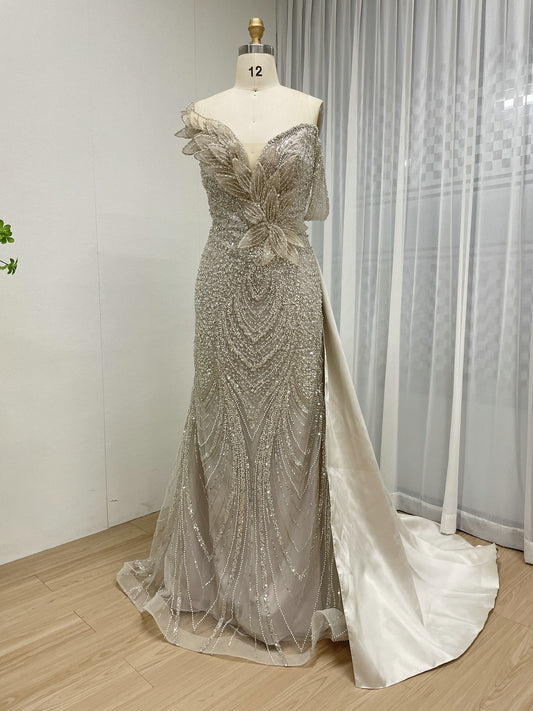 Champagne Mermaid Gown with Beaded Floral Detail and Tulle MB40363B