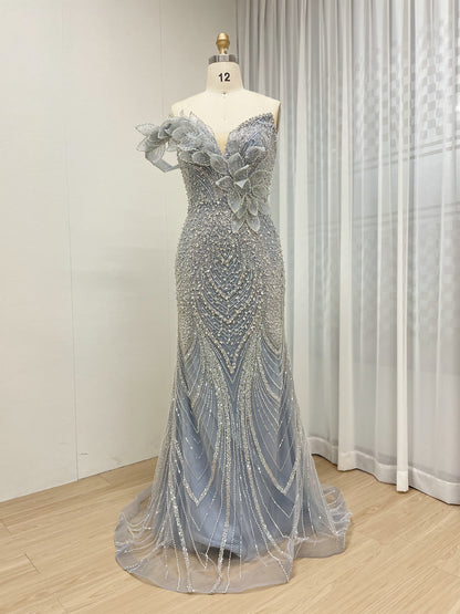 Exclusive Off Shoulder 3D Leaf Handmade Beading Designer Wedding Party Evening Dress MB40363