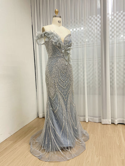 Exclusive Off Shoulder 3D Leaf Handmade Beading Designer Wedding Party Evening Dress MB40363