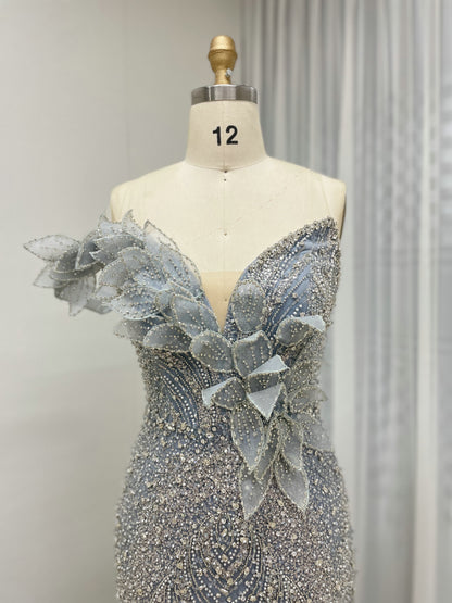 Exclusive Off Shoulder 3D Leaf Handmade Beading Designer Wedding Party Evening Dress MB40363