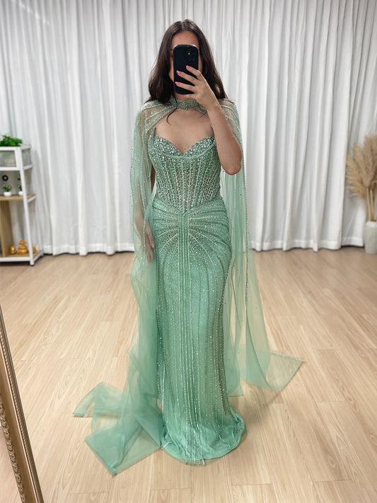 New Style Beaded Crystal Elegant Cape Sleeves Prom Evening Gown for Formal Occasion MB40365C