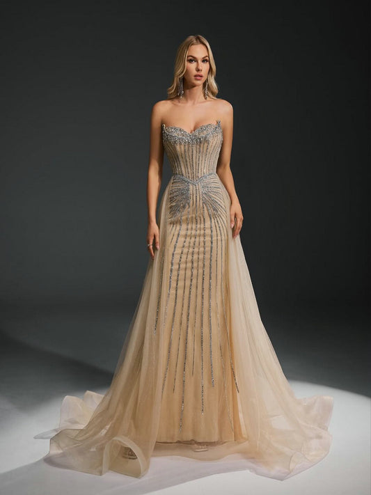 Luxury Strapless Handmade Beaded Decoration Evening Gown for Formal Occasion MB40365