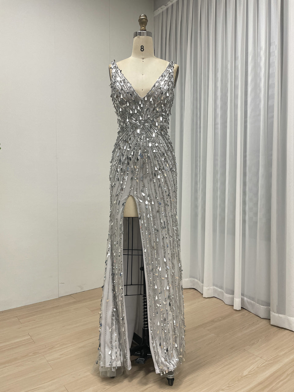Silver V Neck Evening Gown With Hand Beaded And Hight Slit For Party Dress MB40366