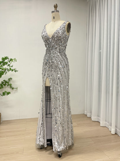 Silver V Neck Evening Gown With Hand Beaded And Hight Slit For Party Dress MB40366