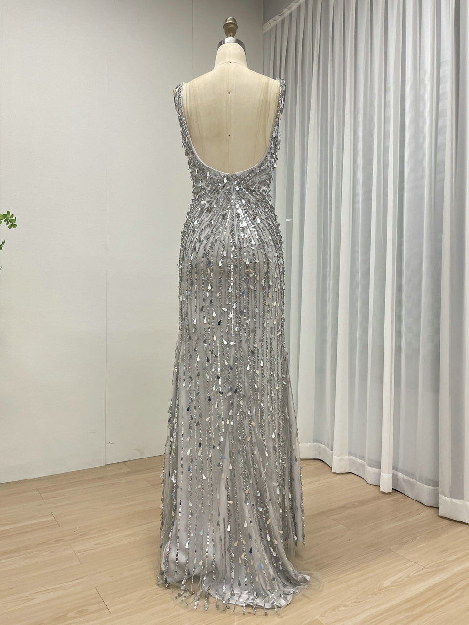 Silver V Neck Evening Gown With Hand Beaded And Hight Slit For Party Dress MB40366
