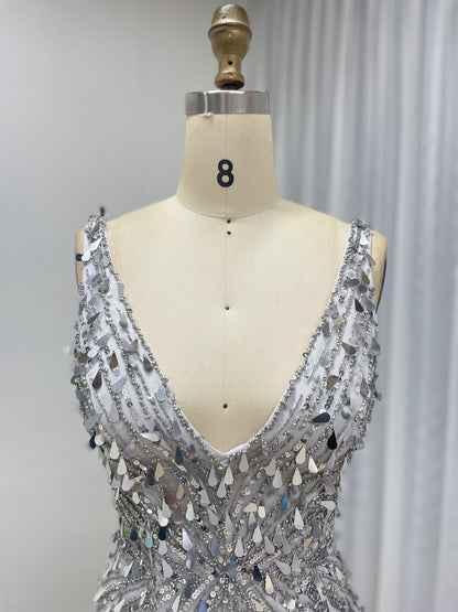 Silver V Neck Evening Gown With Hand Beaded And Hight Slit For Party Dress MB40366