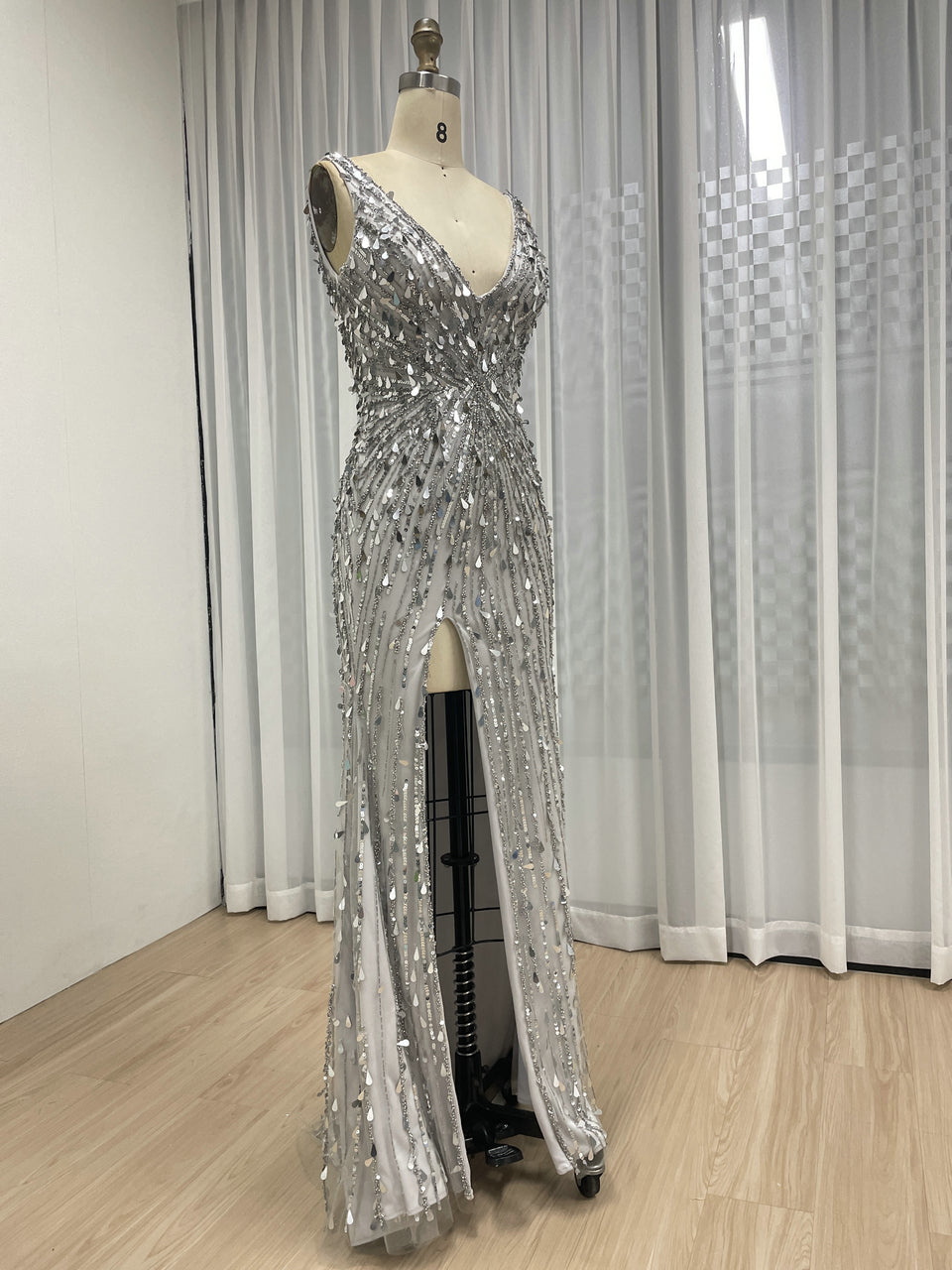 Silver V Neck Evening Gown With Hand Beaded And Hight Slit For Party Dress MB40366