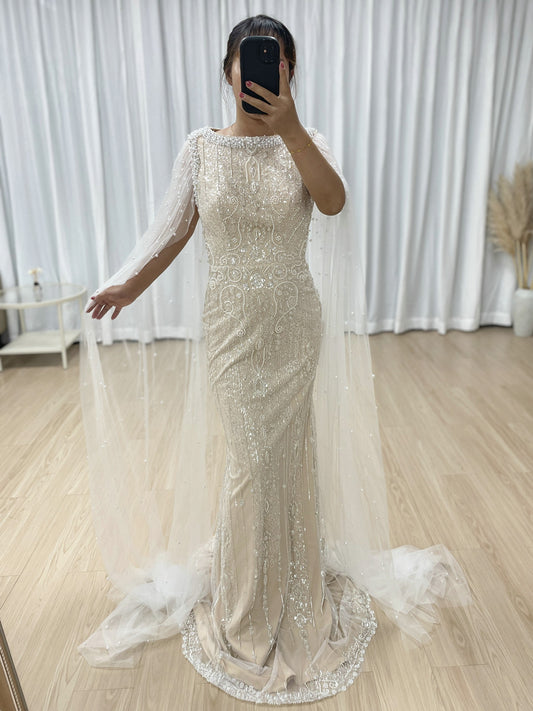 Modest Boat Neck Evening Dress  With Elegant Long Sheer Cape Sleeve MB40369