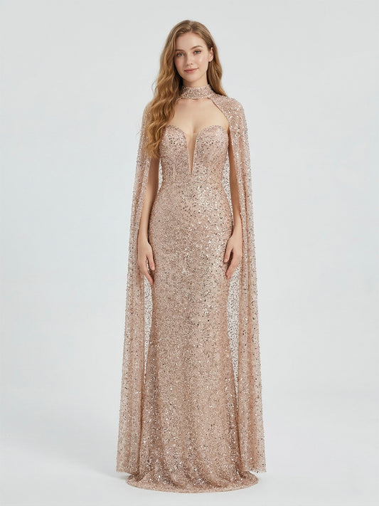 Nude Crystal Beading Cape Sleeve Evening Gown - High Neck Mermaid Prom Dress MB40370