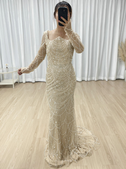 Sexy Sheer Long Sleeves Muslim Evening Dress With Graceful Pearls And Beaded MB40371