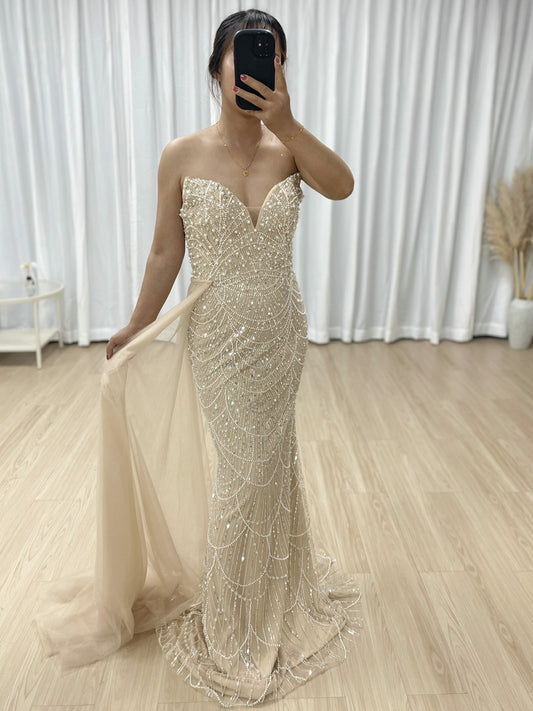 Champagne Luxury Pearls And Beaded  Evening Gown For Banquet With Elegant Side Train MB40372