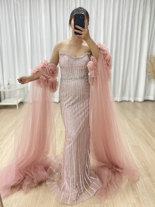 Gorgeous Hand Beading Embroidery Mermaid Evening Gown With Detachable Sleeve MB40374