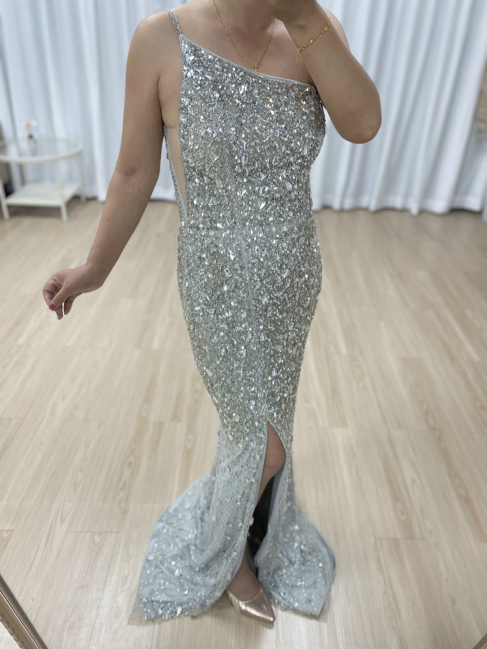 Sexy Silver One Shoulder Mermaid Evening Dresses High Slit Evening Gowns Party MB40381B