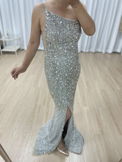 Sexy Silver One Shoulder Mermaid Evening Dresses High Slit Evening Gowns Party MB40381B