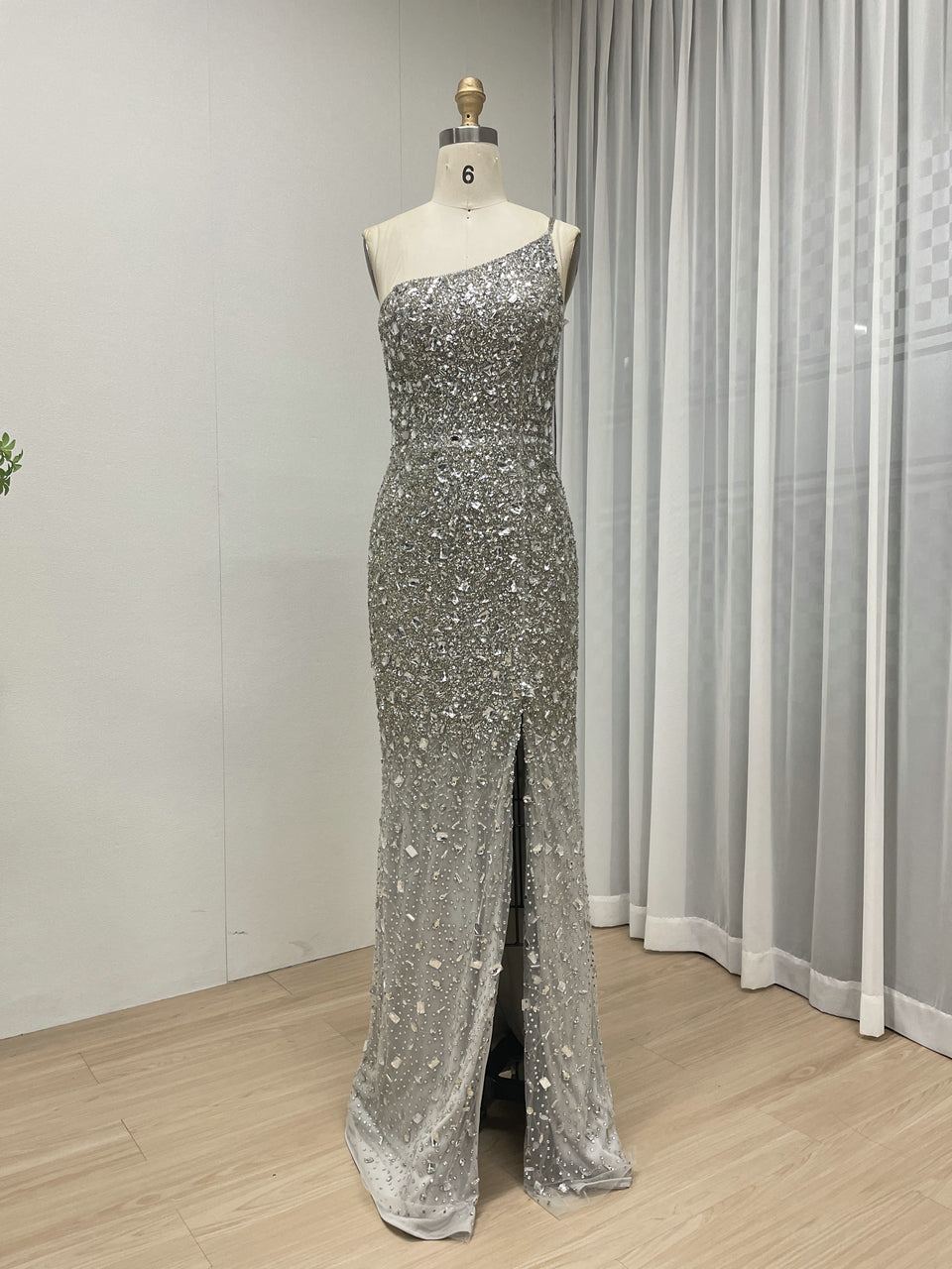 Sexy Silver One Shoulder Mermaid Evening Dresses High Slit Evening Gowns Party MB40381B
