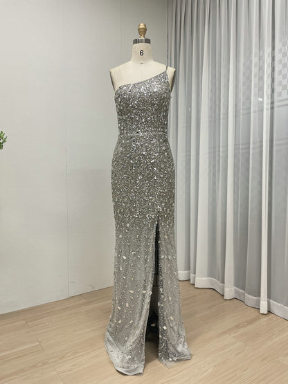 Sexy Silver One Shoulder Mermaid Evening Dresses High Slit Evening Gowns Party MB40381B