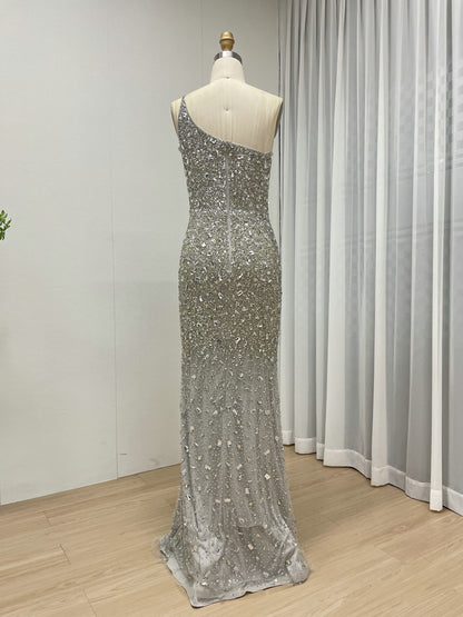 Sexy Silver One Shoulder Mermaid Evening Dresses High Slit Evening Gowns Party MB40381B