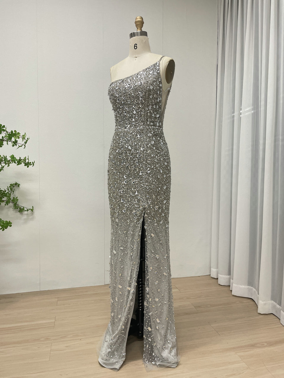 Sexy Silver One Shoulder Mermaid Evening Dresses High Slit Evening Gowns Party MB40381B