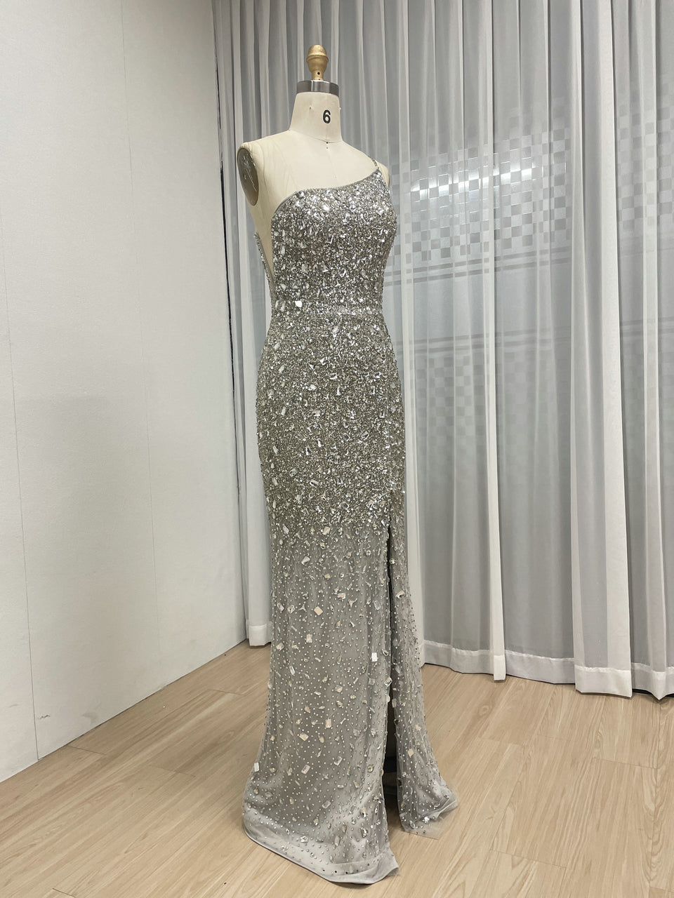 Sexy Silver One Shoulder Mermaid Evening Dresses High Slit Evening Gowns Party MB40381B