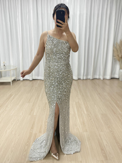 Sexy Silver One Shoulder Mermaid Evening Dresses High Slit Evening Gowns Party MB40381B