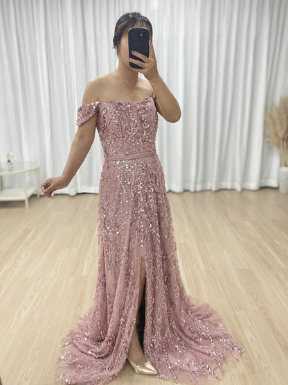 Gorgeous Pink Off Shoulder A Line Dress Handmade Beading Wedding Party Gown MB40383