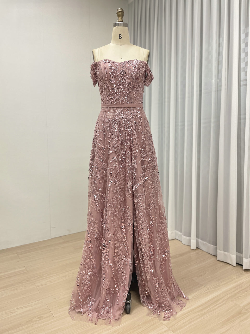 Gorgeous Pink Off Shoulder A Line Dress Handmade Beading Wedding Party Gown MB40383