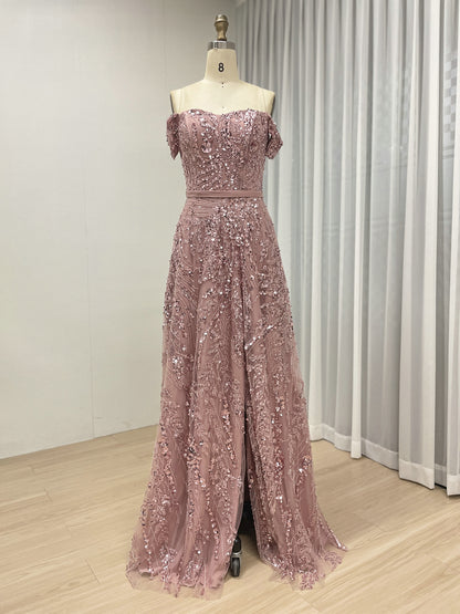 Gorgeous Pink Off Shoulder A Line Dress Handmade Beading Wedding Party Gown MB40383