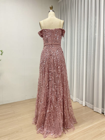 Gorgeous Pink Off Shoulder A Line Dress Handmade Beading Wedding Party Gown MB40383