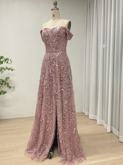 Gorgeous Pink Off Shoulder A Line Dress Handmade Beading Wedding Party Gown MB40383